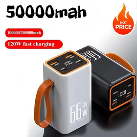50,000mAh waterproof fast-charge power bank with LED.